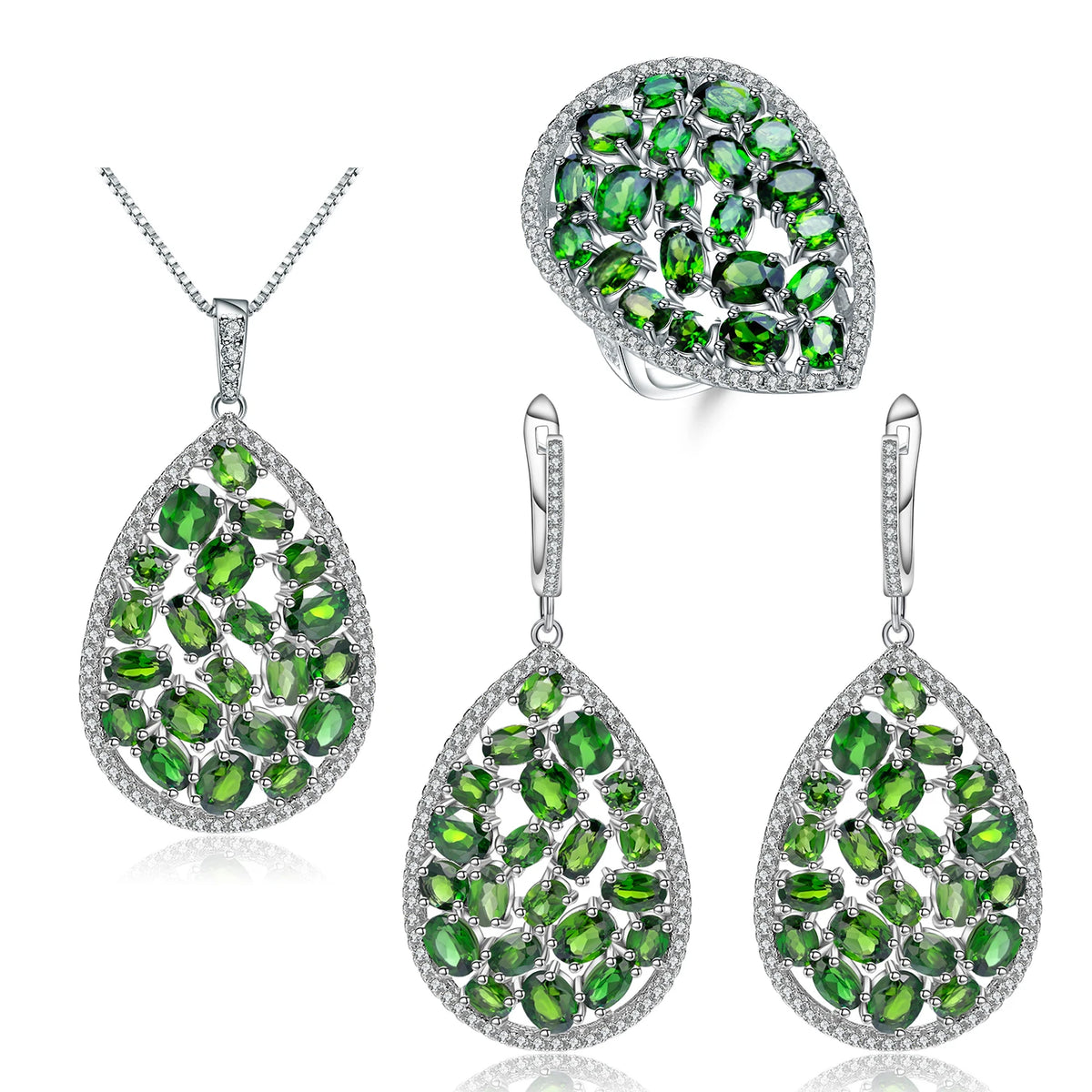 ArtistA Fancy Oval Cut Natural Chrome Diopside Cluster Setting Tear Water Drop Shape Pendant Earrings and Ring S925 3 Piece Jewelry Set