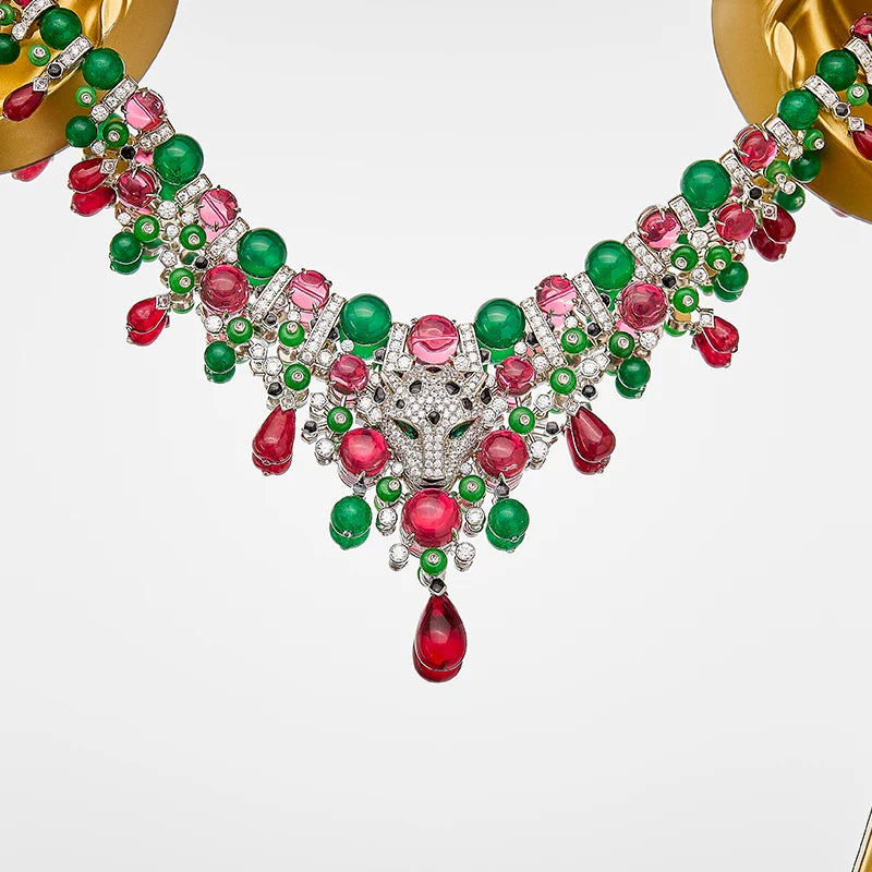 Leopard Print Enamel & Zircon Bead Necklace & Earrings Set