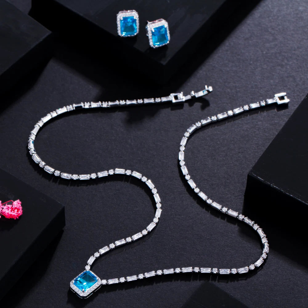 S&S CZ Square Stud Earrings & Baguette Necklace Jewellery Set – Blue & White – Collection