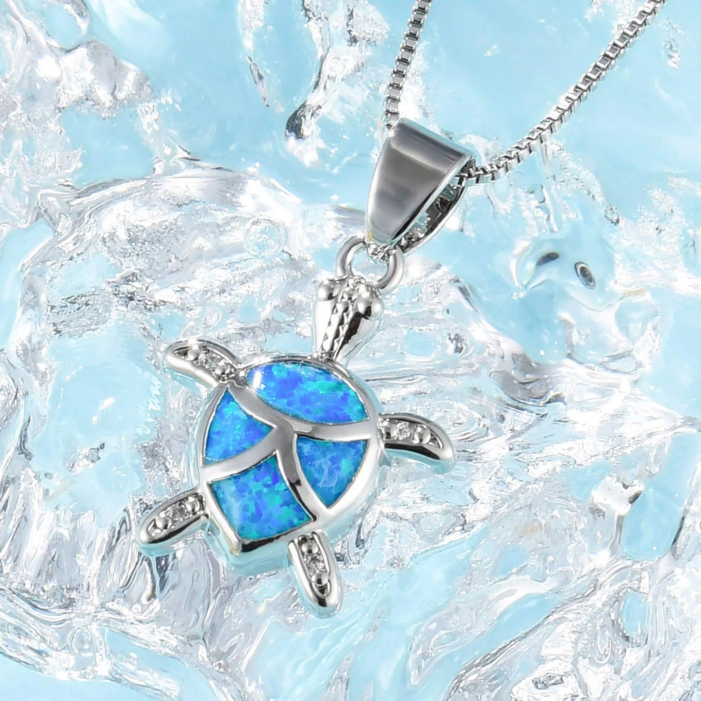 Aobao Hot Hawaiian Ocean Blue Opal Turtle Pendant Necklace European American Fashion Sweater Chain for Women Opal