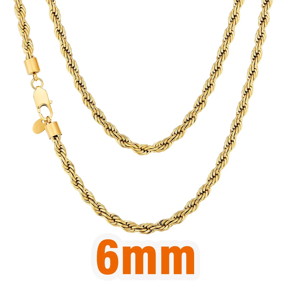 S&S 18K Gold Plated Rope Chain Necklace | Stainless Steel | 2.5–6mm