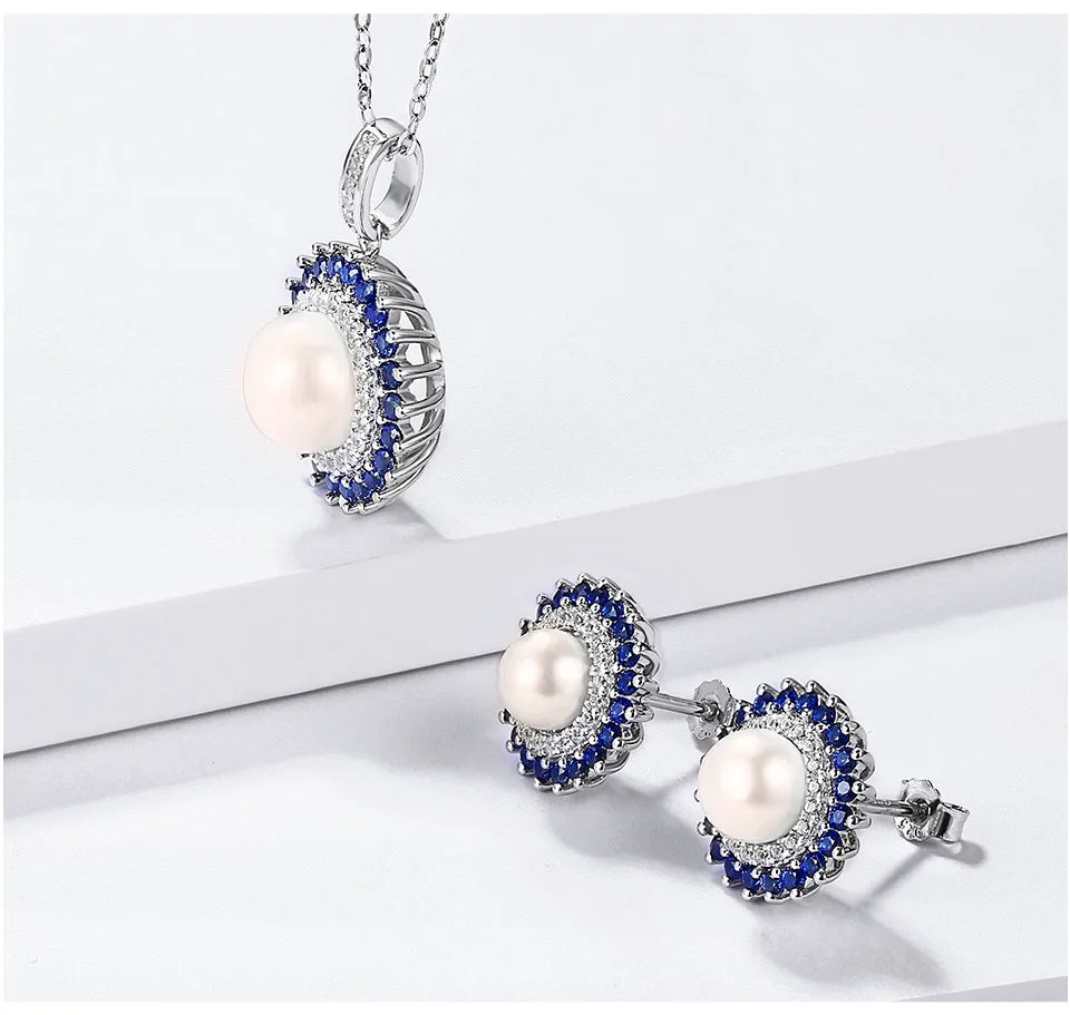 925 Sterling Silver Natural Pearl Jewelry Sets for Women Freshwater Pearl Stud Earrings and  Pearls Sapphire Pendant