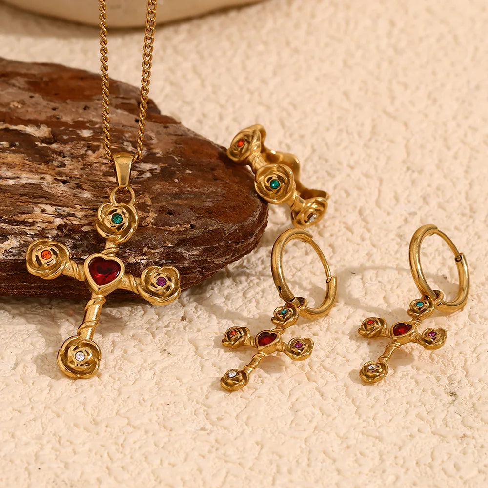 Vintage High-end Creative Stainless Steel 18K Gold Plated Rose-style Cross Pendant Necklace Bamboo for
