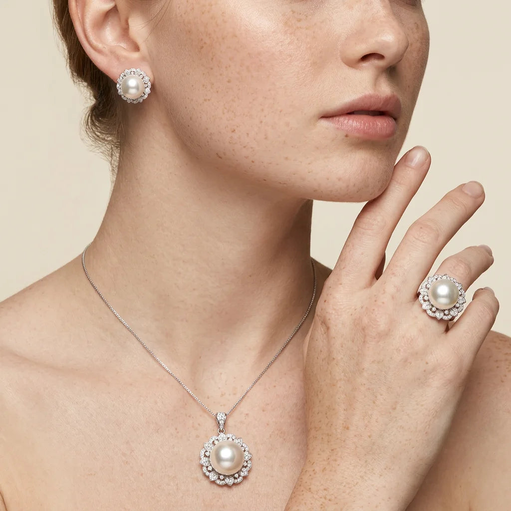 Factory Wholesale Eco-friendly Copper Round 16-12mm White Shell Pearl Fashion Bridal Jewelry Set for Women