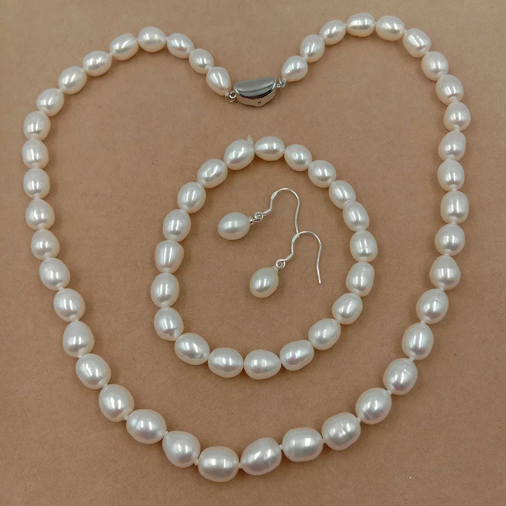 8 mm Rice Pearl Freshwater Jewelry Set 925 Silver Earring with Good Luster Wedding Factory Price Wholesale From the Factory