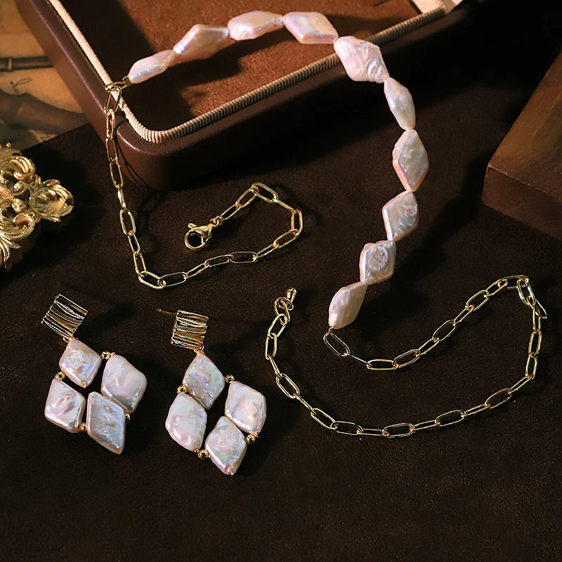 Baroque Natural Pearl Chain Copper Bead Necklace Earring Set Luxurious Design Jewelry Set for Banquet Gift for Women GS0223