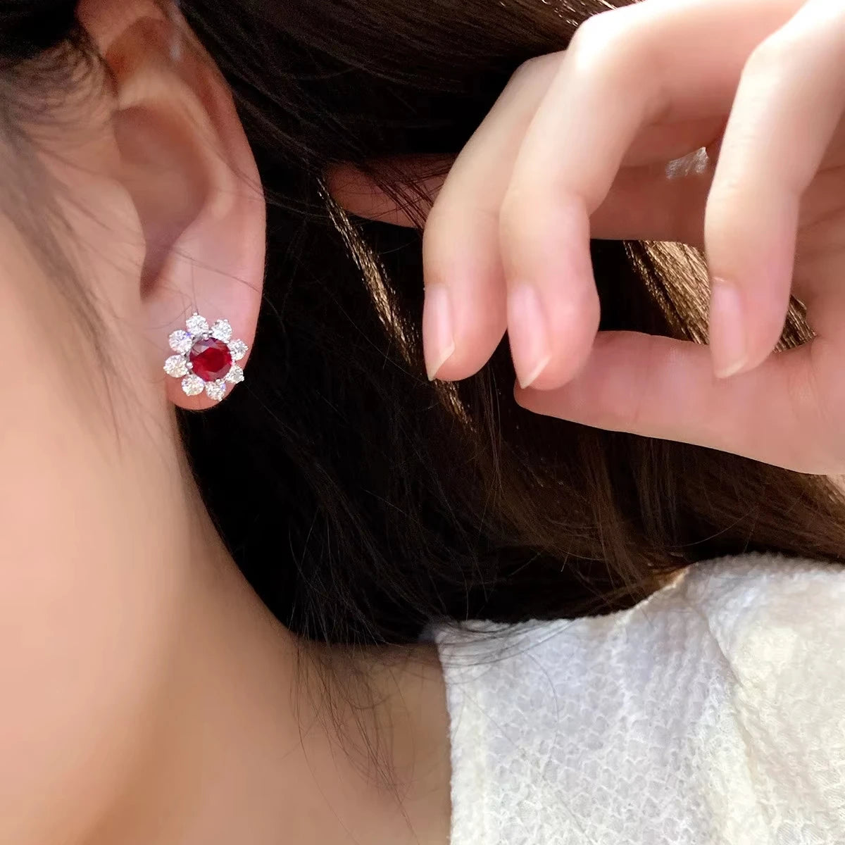 Gemfiori S925 Silver Lab-Grown Diamond Round Cut Ruby Trendy Drop Earrings for Wedding & Party