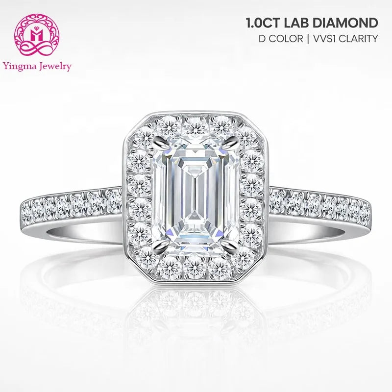 Gioiellieri Luxurious Emerald Cut 1Carat D Color VVS1 Lab Grown Diamond Ring 9K 10K 14K 18K Solid Gold PT950 Paved Band Engagement Ring
