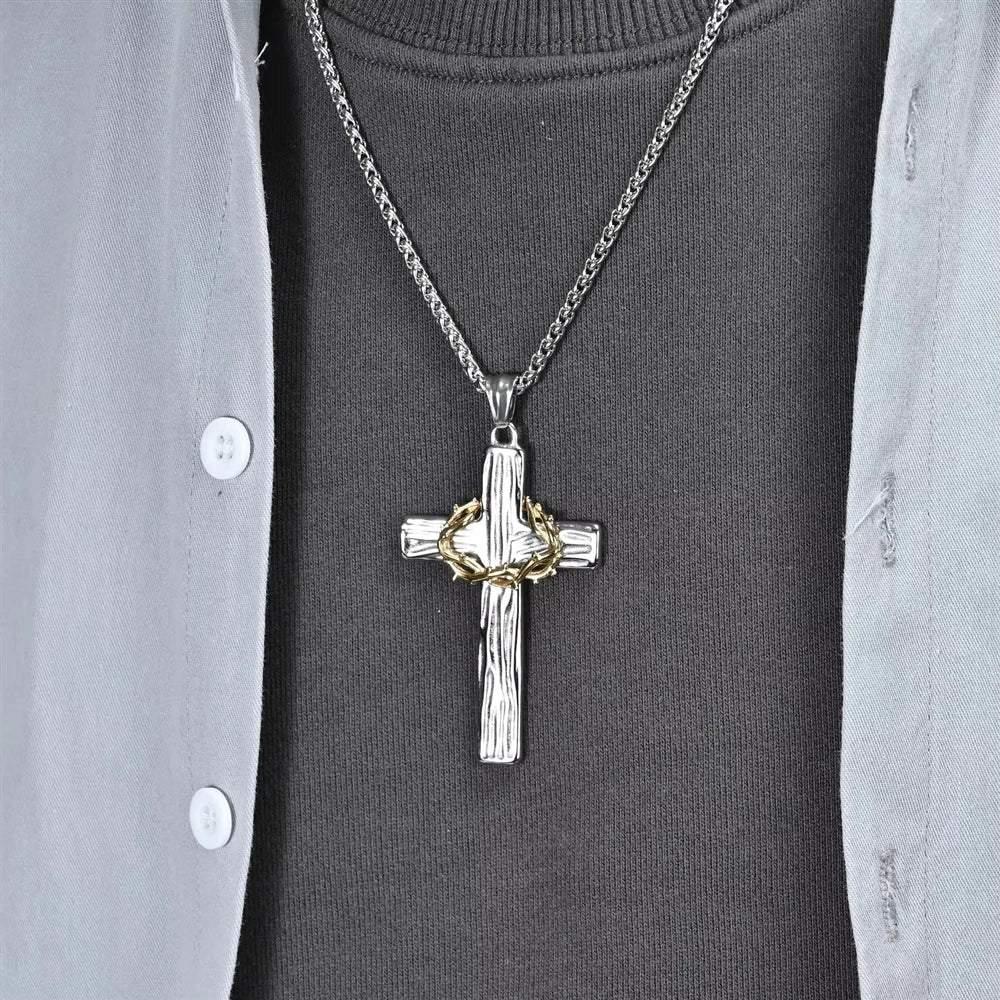 Hip Hop Wreath Wood Grain Religious Cross Anti Non Tarnish Free WaterProof Stainless Steel Fashion Jewelry Pendant Necklaces Men