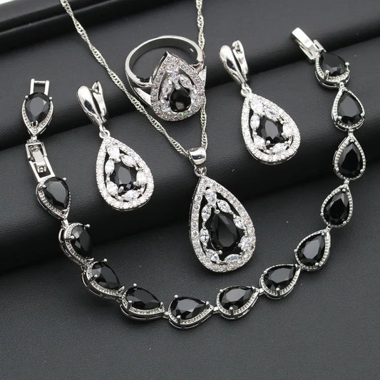 Women's Silver Color Wedding Jewelry Set Black Cubic Zircon for Parties Earrings Necklace Pendant Ring Bracelet Halloween Gift