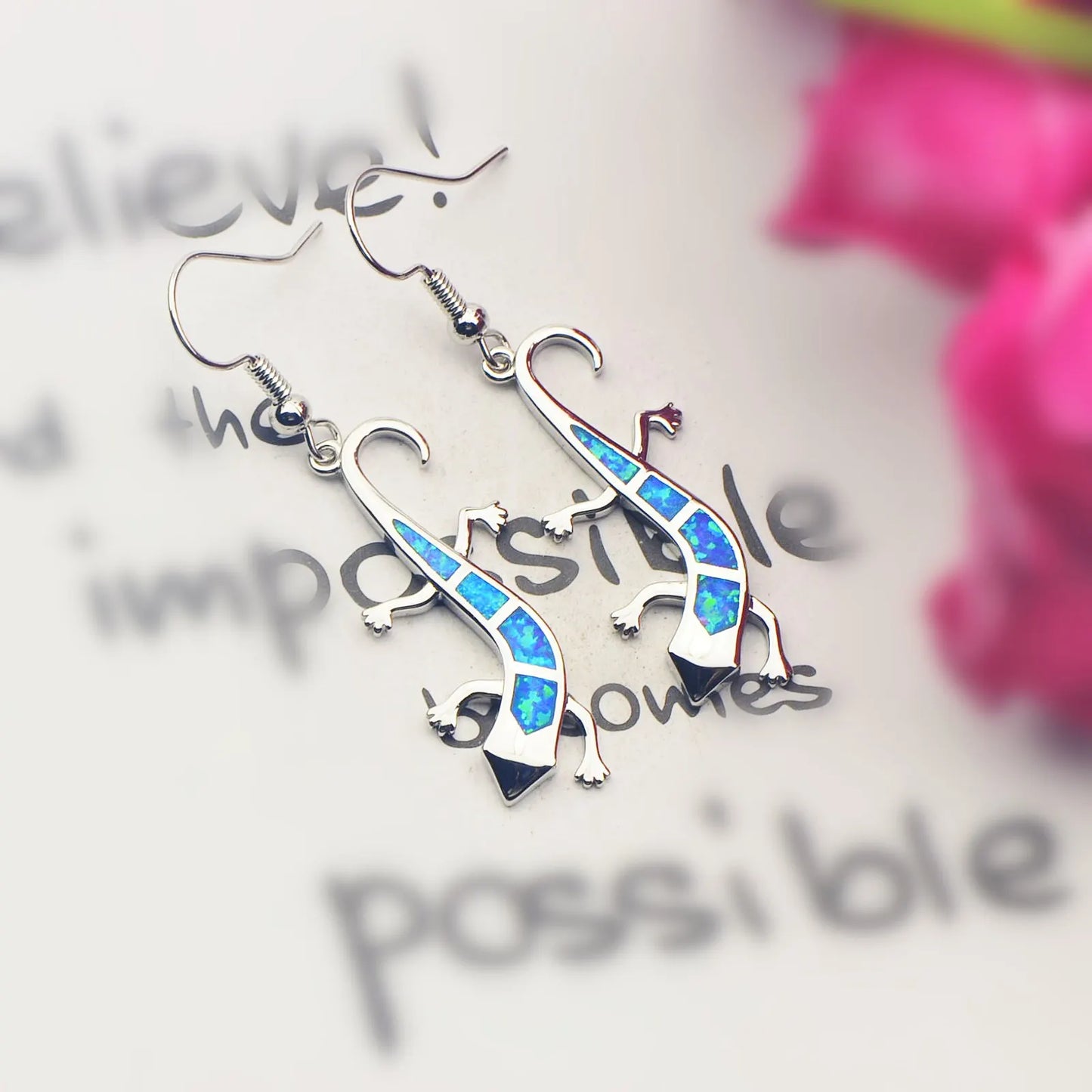 Geometric Opal Gecko Earrings - Blue Fire Opal Solitaire & CZ Accent Design | Elegant Formal Jewelry Bulk Gifts