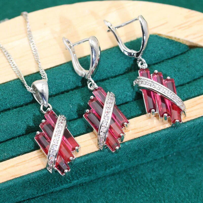 XOTICA Red Zircon Silver Color Wedding Jewelry Set for Women Bracelet Earrings Necklace Pendant Ring for Parties Engagements Birthday