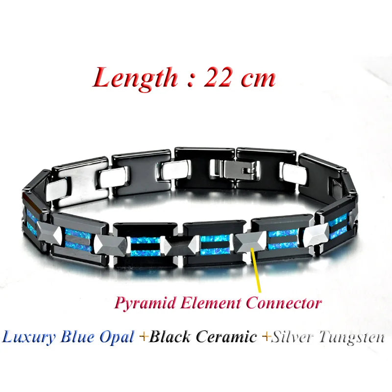 Luxury Hypoallergenic Black Ceramic Natural Blue Opal Bracelets for Men and Women Charm Bangles Tungsten Carbide Jewelry