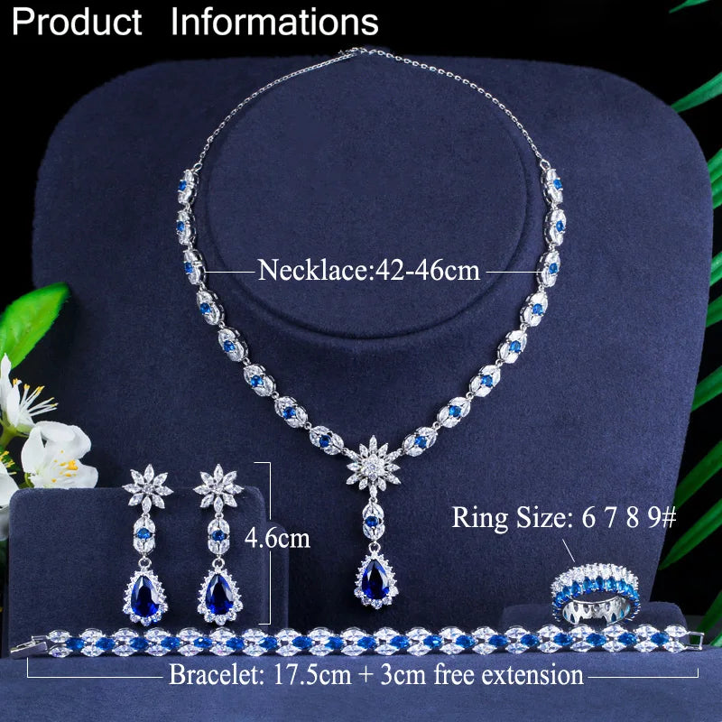 4pcs Bridal Jewelry Set for Wedding Blue Stone CZ Cubic Zircon Ring Earring Bracelets Necklace for Women Jewelry Accessories