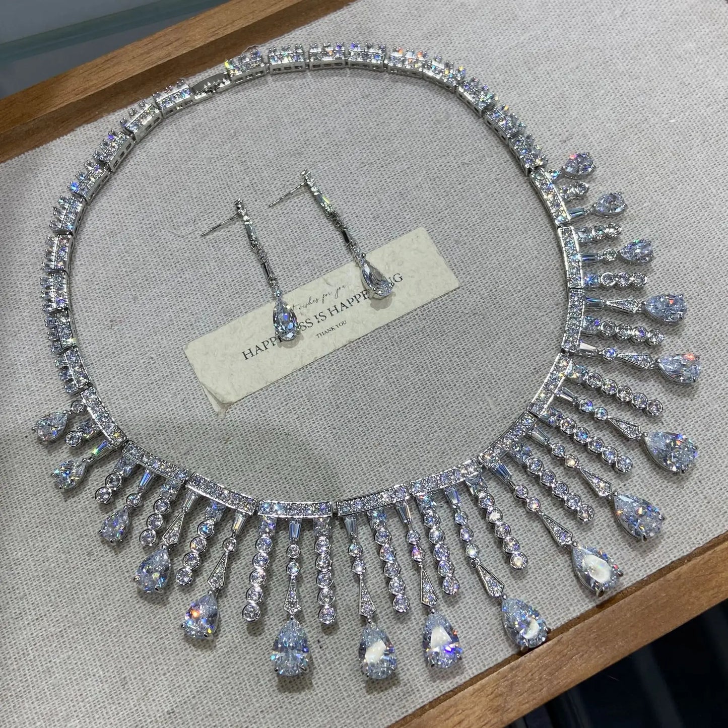 Luxury White Zirconia Tassel Necklace & Earrings Set — Rhodium Plated