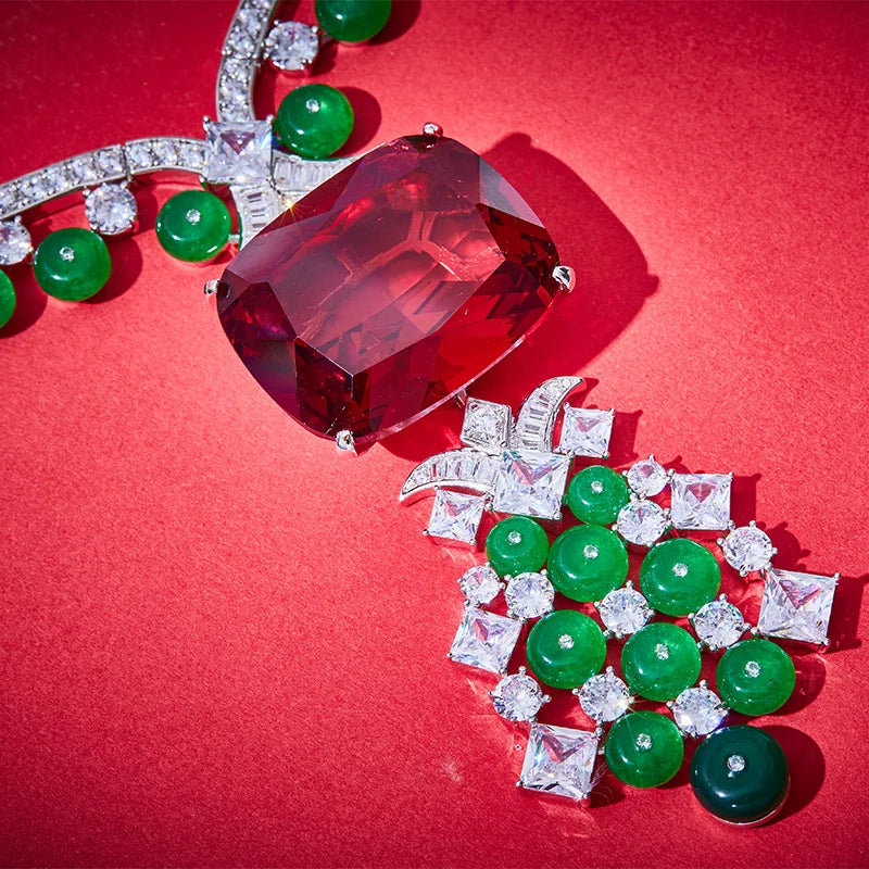 Luxury Red Ruby & Green Zirconia Tassel Pendant Long Necklace & Earrings Vintage Middle Eastern Bridal Set — Rhodium Plated