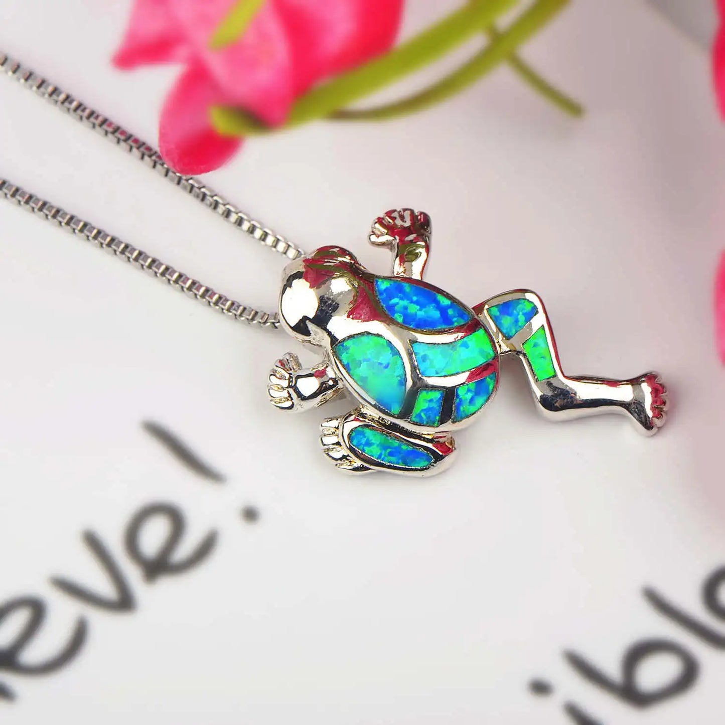 Vintage Inspired Blue Opal Frog Pendant Necklace Women's Elegant European Fashion Sweater Accessory