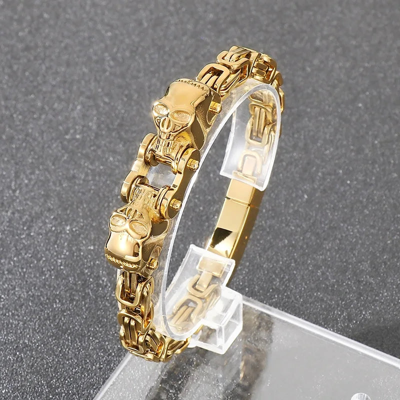 REBEL Punk Fine Jewelry Fashion Bracelets Stainless Steel Skull Byzantine Links Bracelet