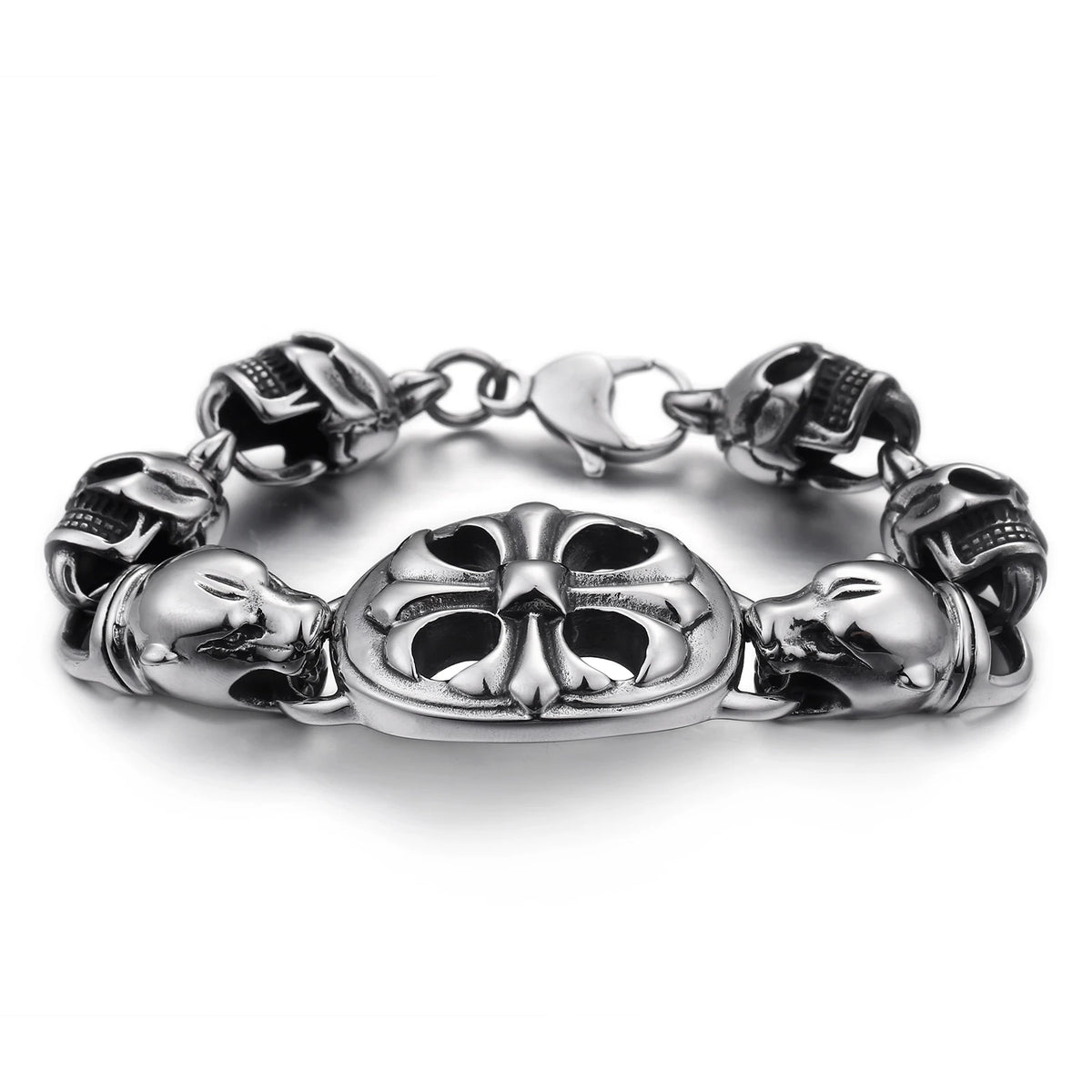 VIKING Mens Punk Skeleton Dog Head Link Bracelet – Silver Stainless Steel