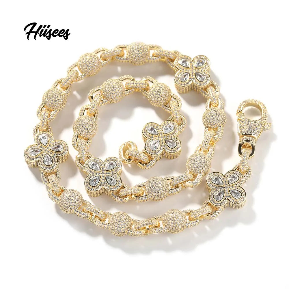Latest Luxury Design Hiphop Customize Brass CZ Clover Necklace Beaded Chain Cuban Chain Necklace for Women and Men