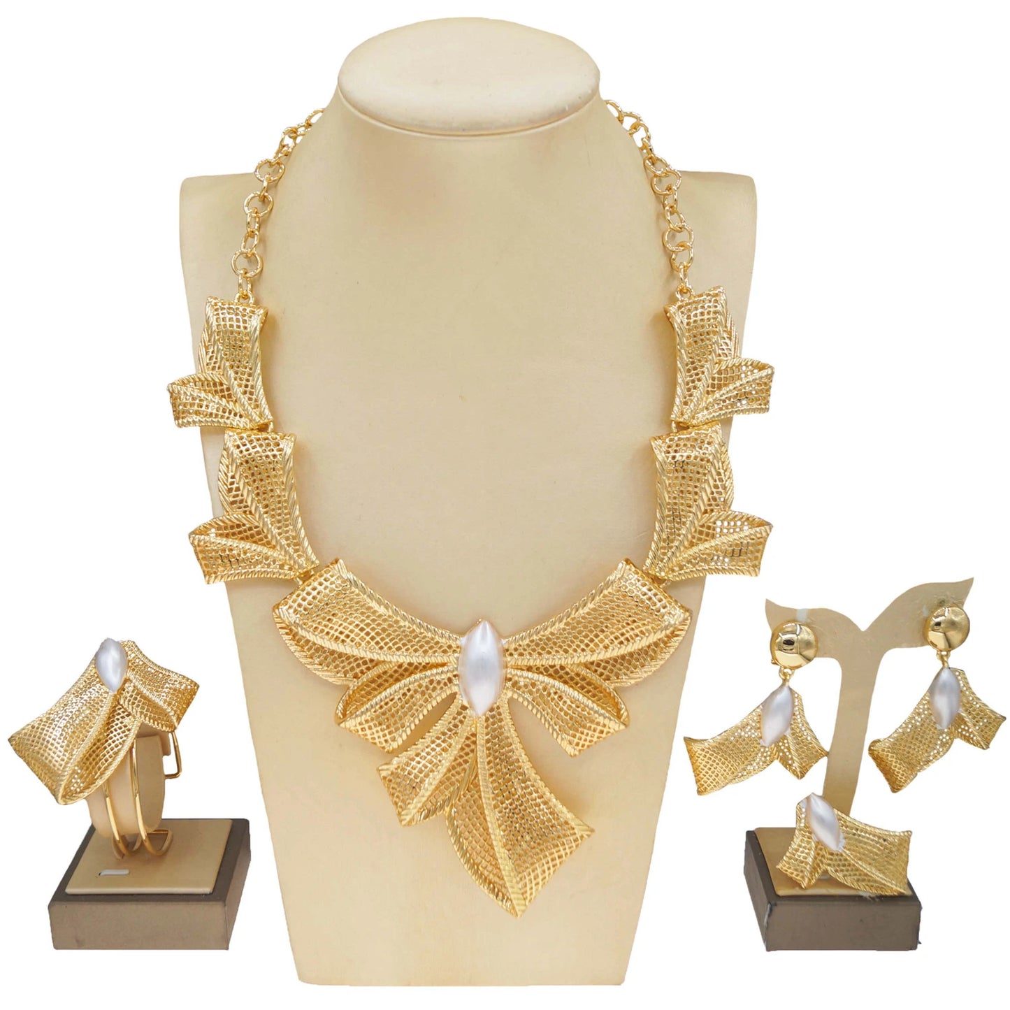 Zhuerrui New =Italian Jewelry 4-piece Set Gold Plated Bow Mesh Copper Ring Fashion Exquisite Ladies Party Jewelry Gift BoxH00774