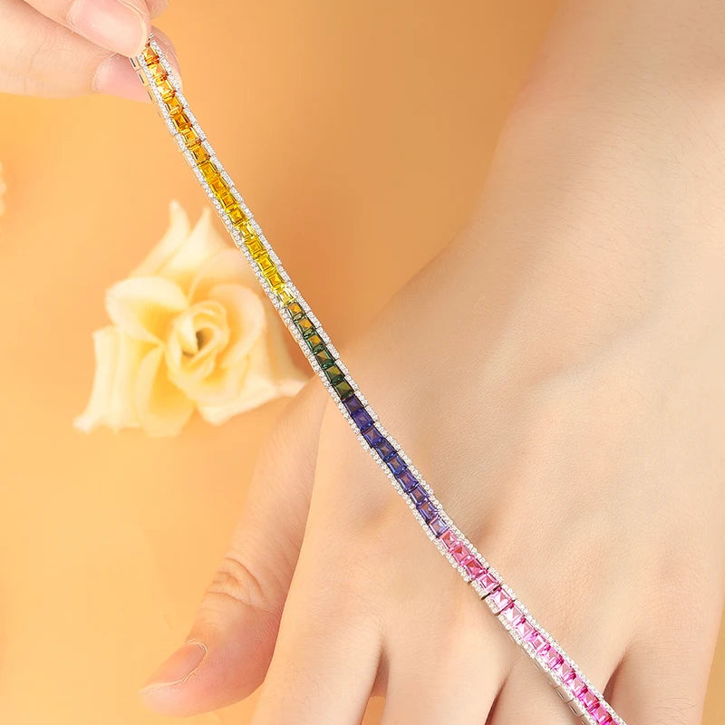 Gemfiori Luxurious and Fashionable Bracelet 925 Silver Rainbow Color Lab Grown Sapphire Tennis Bracelet 3.3mm Princess Shape Gemstones