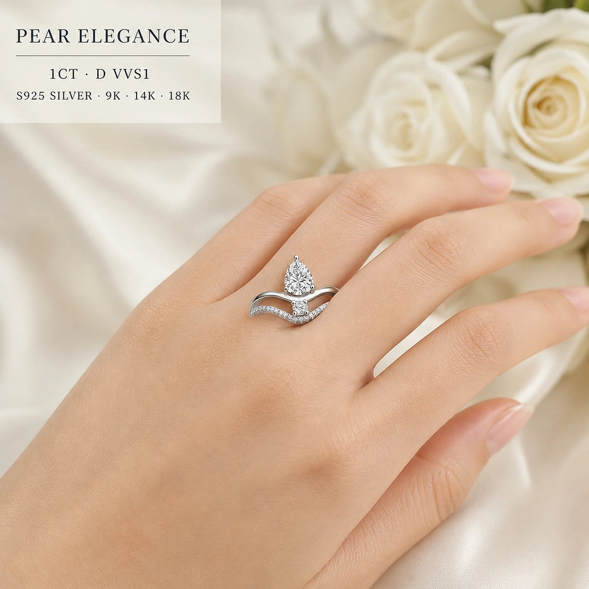 Gemfiori Unique Two Row Crossover Lab Grown Diamond Ring 1CT D VVS1 Pear Cut 9K/10K/14K/18K/PT950 Real Gold Women Premium Fine Jewelry