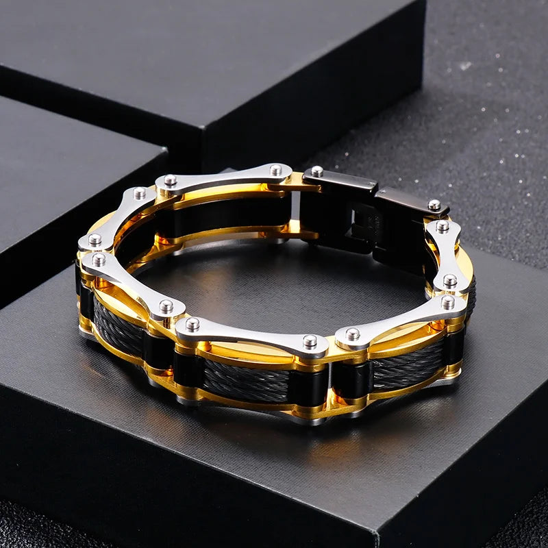 REBEL Mens Trendy Jewelry Fashion Bracelets Stainless Steel Bike Link Bracelet Bangle