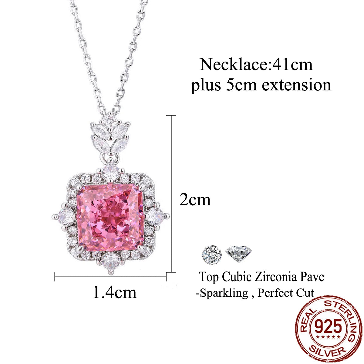 S&S 925 Sterling Silver Pink Square CZ Charm Pendant Necklace – 8A Zirconia – Rhodium Plated – Collection
