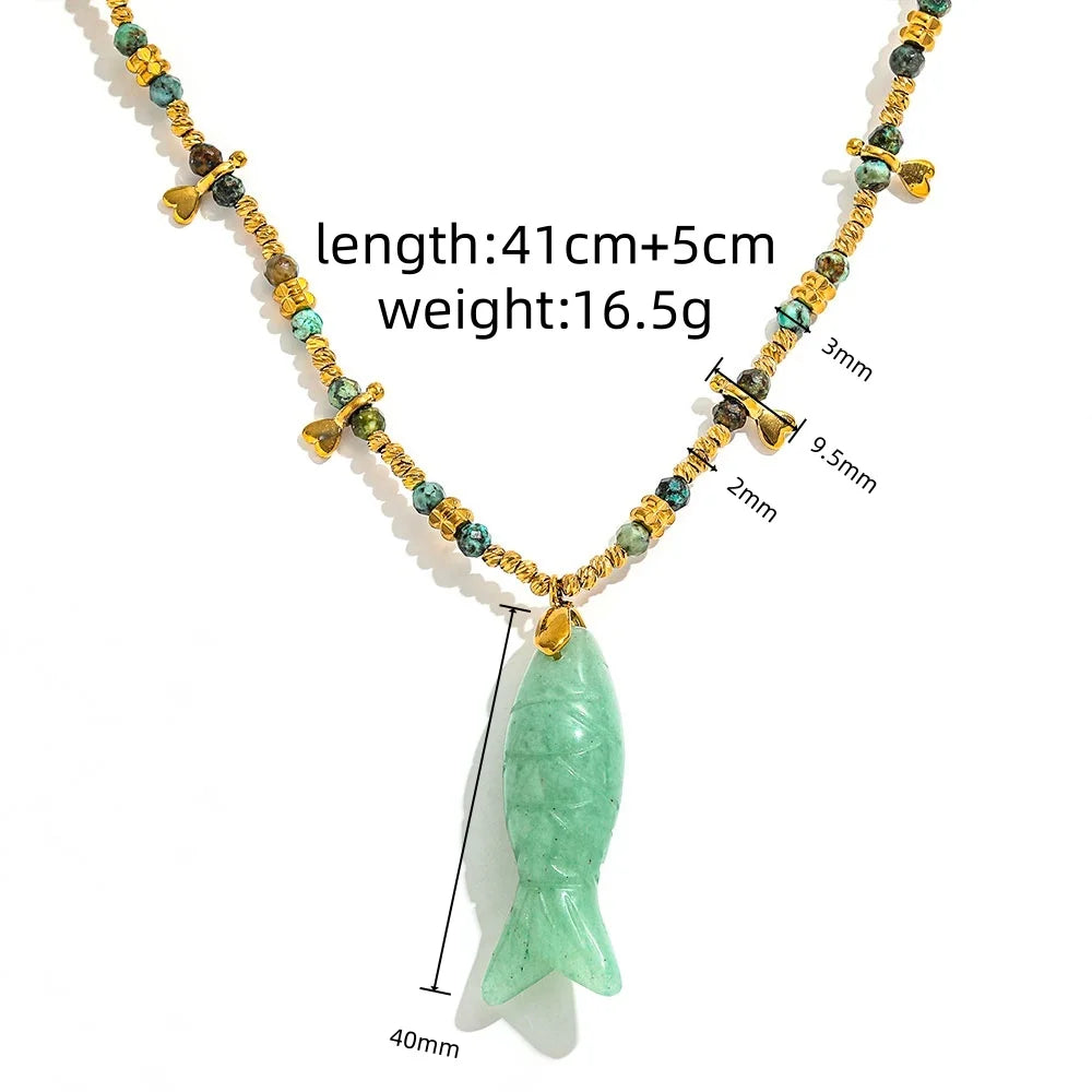 Joolim PVD Plated Wholesale Waterproof Boho Healing Conical Fish Pendant Natural Stone Beaded Necklace Stainless Steel Jewelry