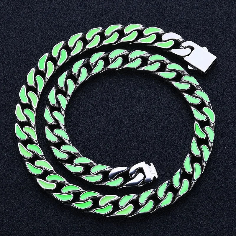 Hip Hop 12mm Colorful Oil Drop Stainless Steel Cuban Chain Niche Necklace Bracelet For Men