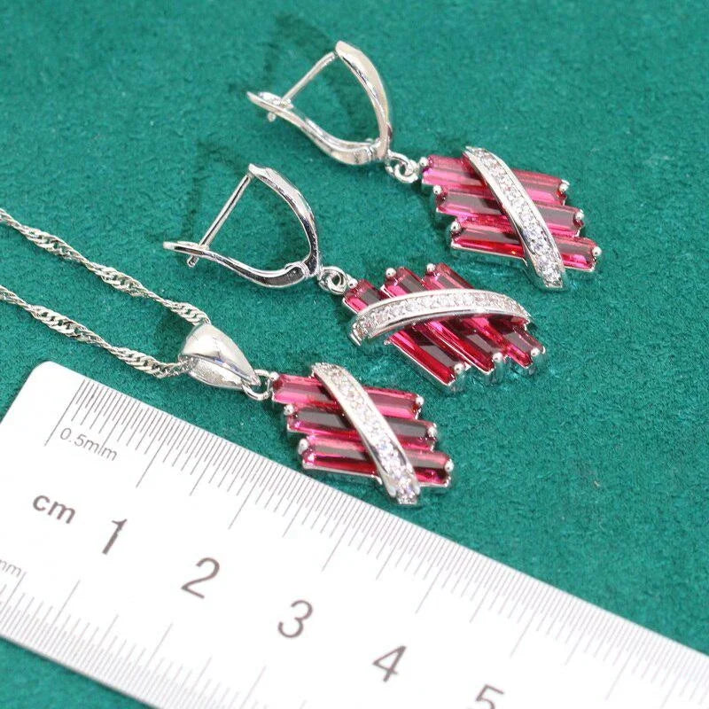 XOTICA Red Zircon Silver Color Wedding Jewelry Set for Women Bracelet Earrings Necklace Pendant Ring for Parties Engagements Birthday