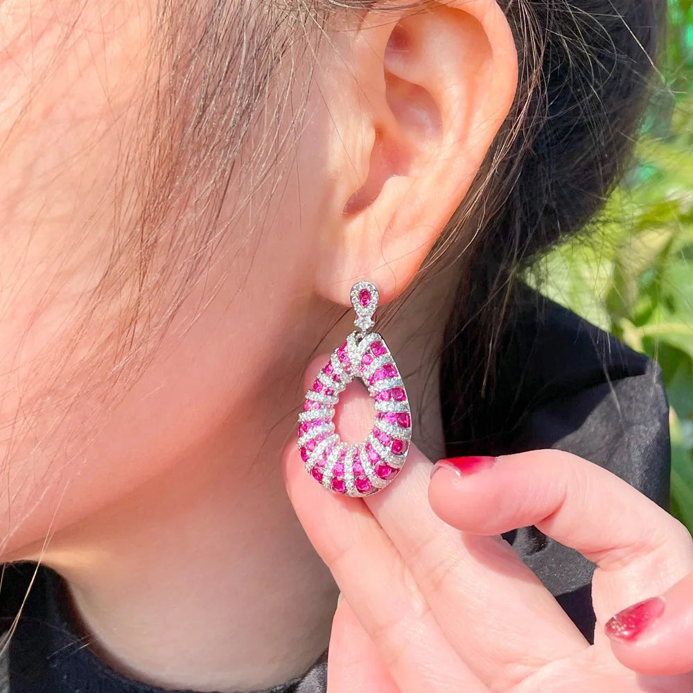 S&S Fuchsia Red Micro Pavé CZ Dangle Drop Earrings | Wedding Party | NewLife