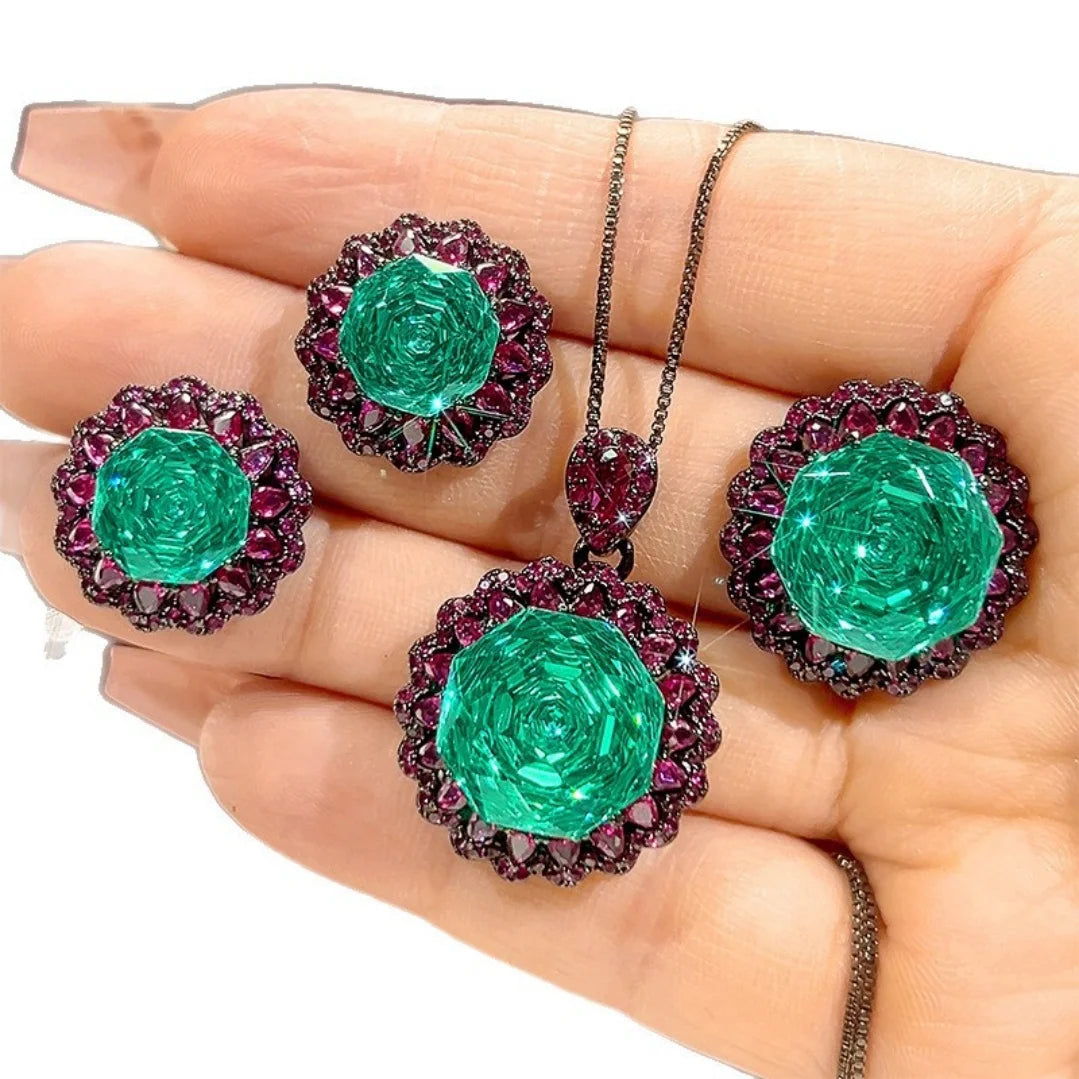 S&S Black Gold Paraiba Green CZ Jewellery Set – Pendant, Ring & Earrings – Collection