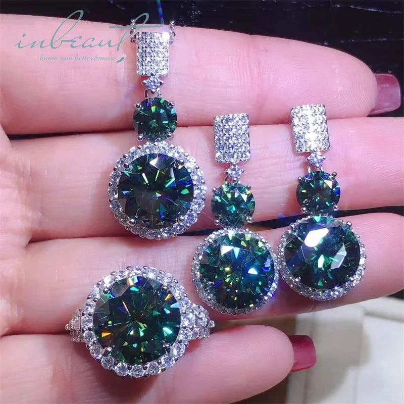 S&S 24ct Green Moissanite 925 Silver Jewellery Set | Ring, Earrings & Necklace | S&S Collection