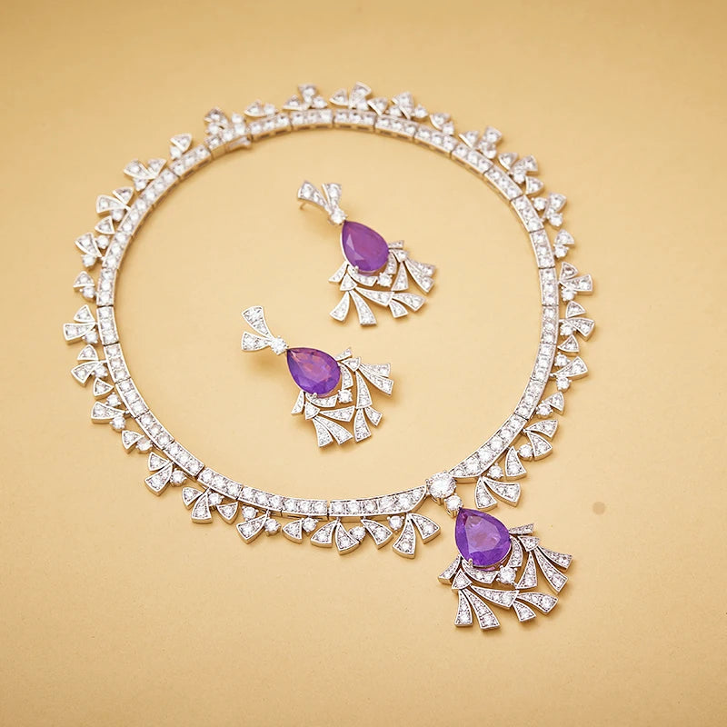 Luxurious Purple Water Droplet Necklace Earrings Fashionable Inlaid Cubic Zirconia Brass Women's Sexy Dress Accessories