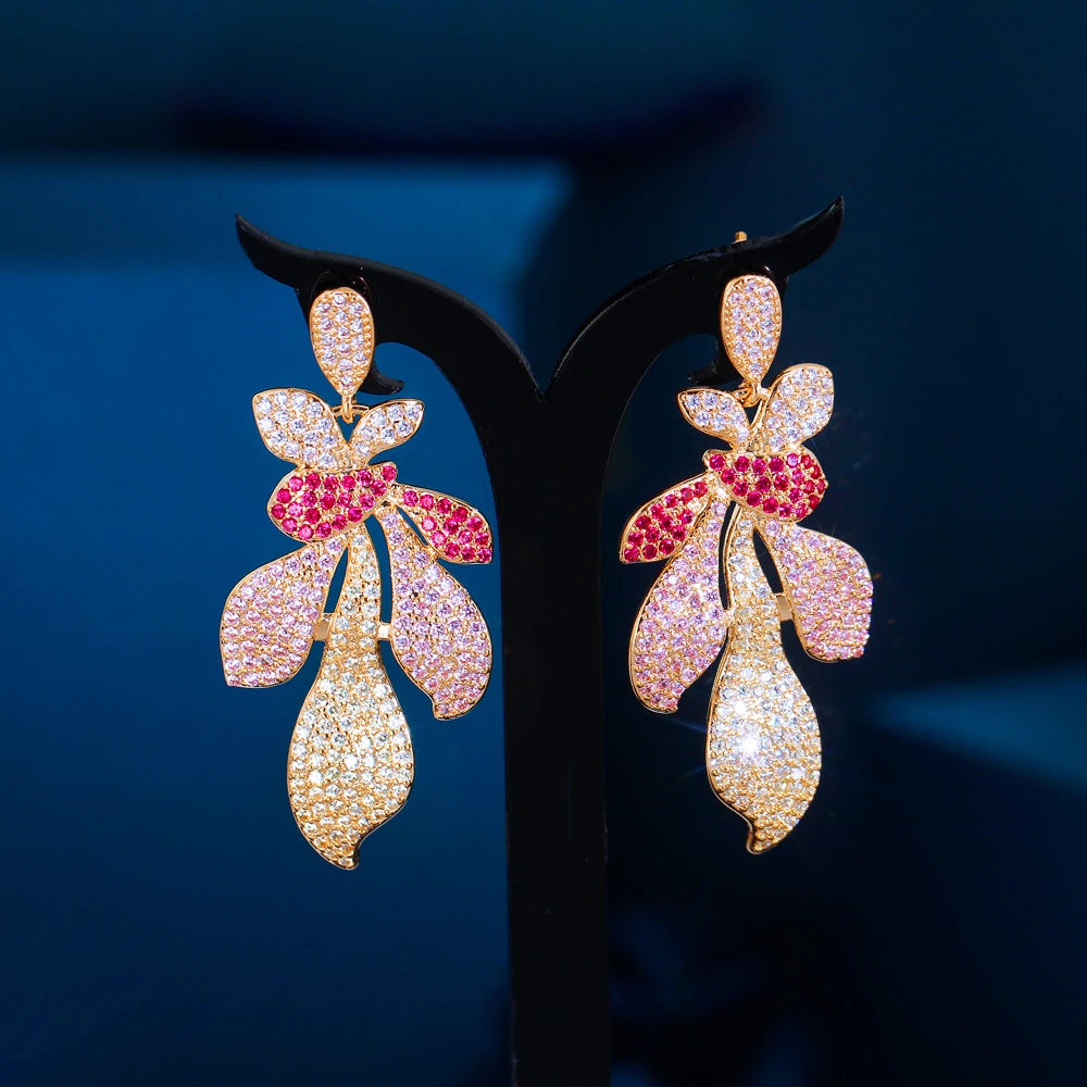 S&S Red CZ Leaf Petal Dangle Drop Earrings – 18K Gold Plated – Collection