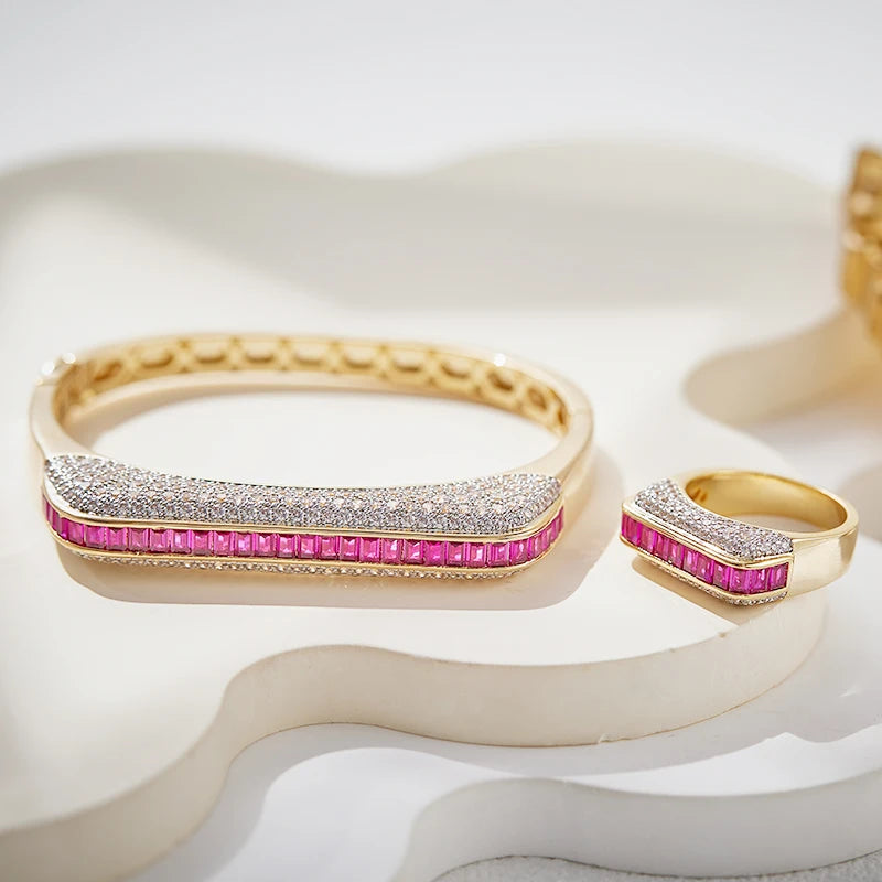 S&S High End Gold-plated Earrings Rings Bracelets Set Paired with square Red Gemstone Fashionable Couple Wedding Matching Jewelry