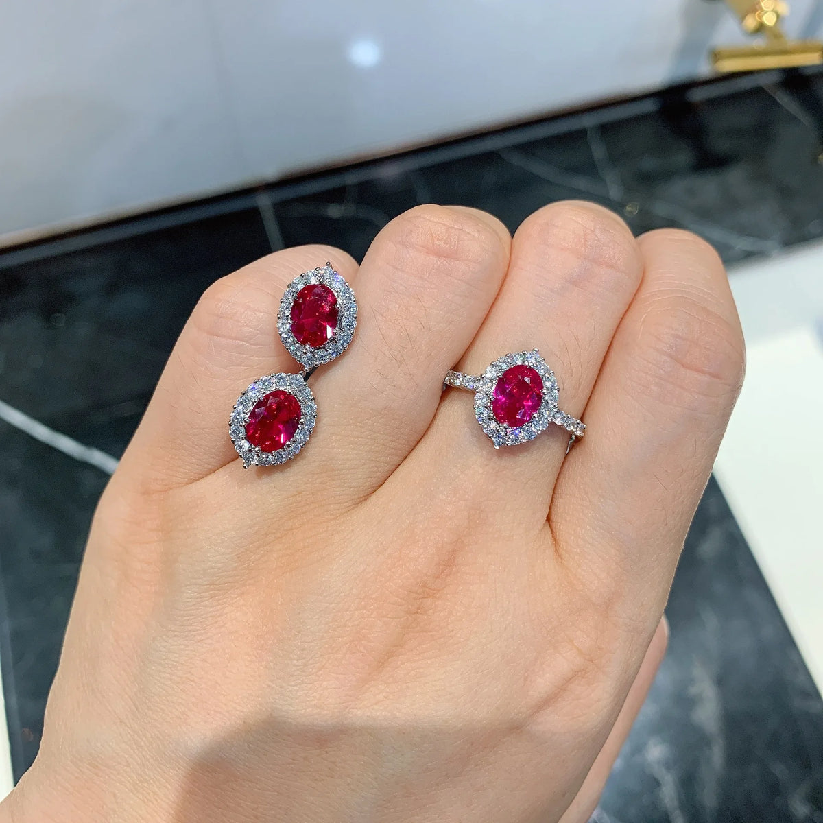 Gemfiori Pigeon Blood Red Set Zircon Temperament Versatile Niche Design High-end Ring Earring Necklace