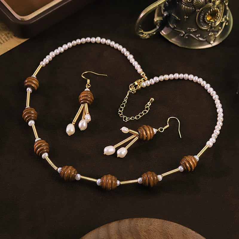 Vintage Style Natural Freshwater Pearl Wood Bead Jewelry Set for Women Daily Wear Dating Party Pearl Jewelry Set Dainty Jewelry
