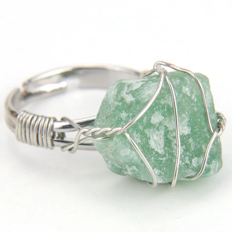 Men Women Large Stone Rings Wire Wrapped Crystal Resizable Gem Ring