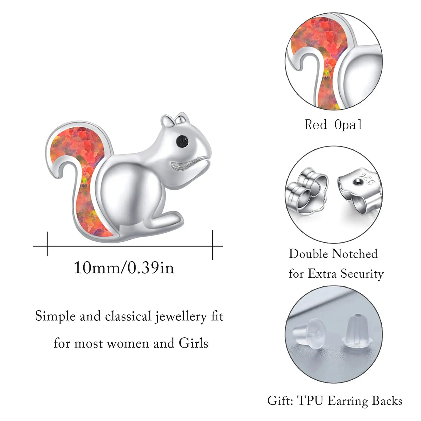 Squirrel  Earrings- Multi-Color Opal Tail Silver Plated Cute Business Jewelry for Women Wholesale