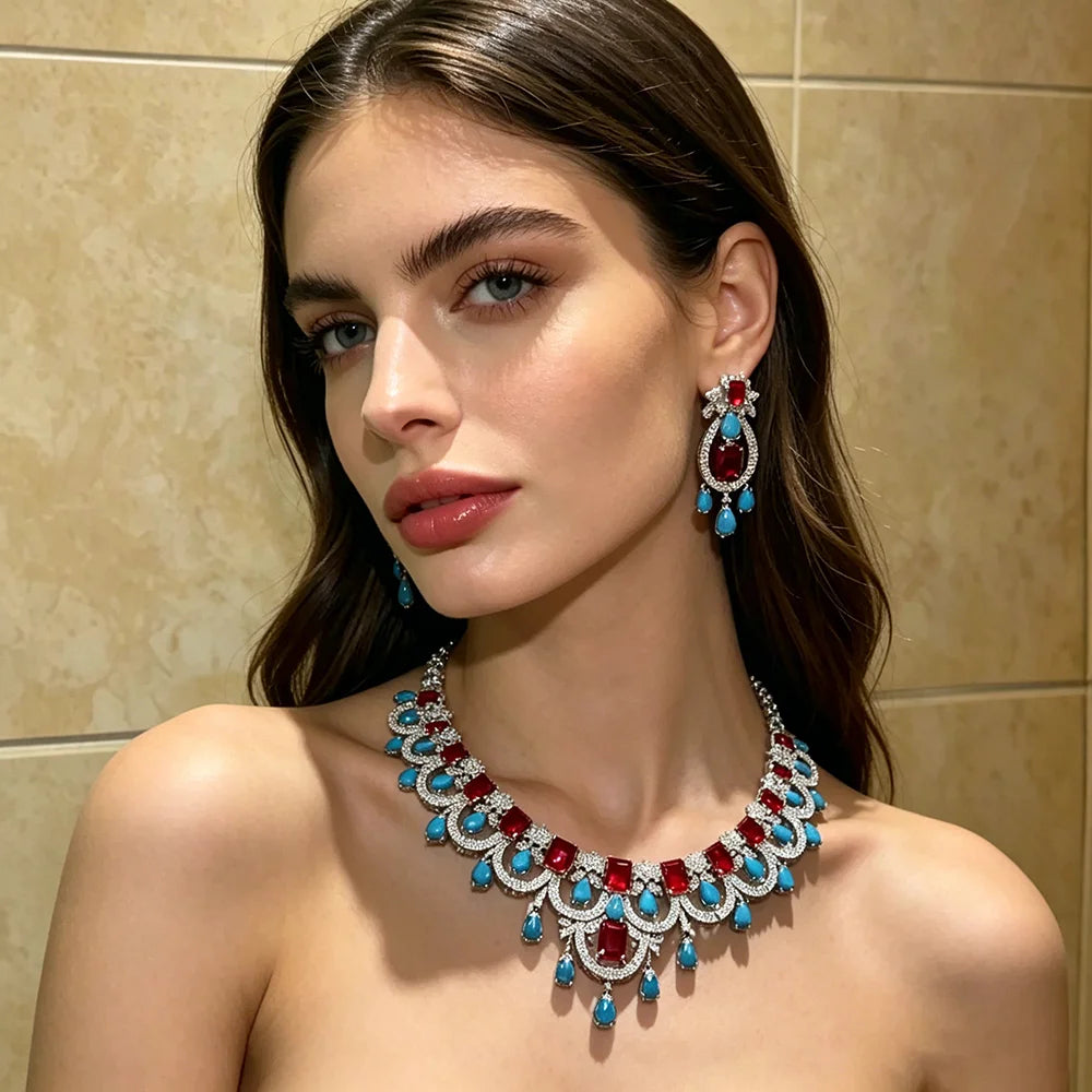 XM S414 Silver Plated Marquise Cut Turquoise Ruby-Tone Crystal Tassel Choker Necklace & Drop Earrings Set