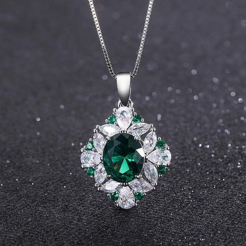 Gemfiori European and American Temperament Inlaid with Emerald Zircon Jewelry Fashionable Retro High-end Pendant Earrings Ring Set