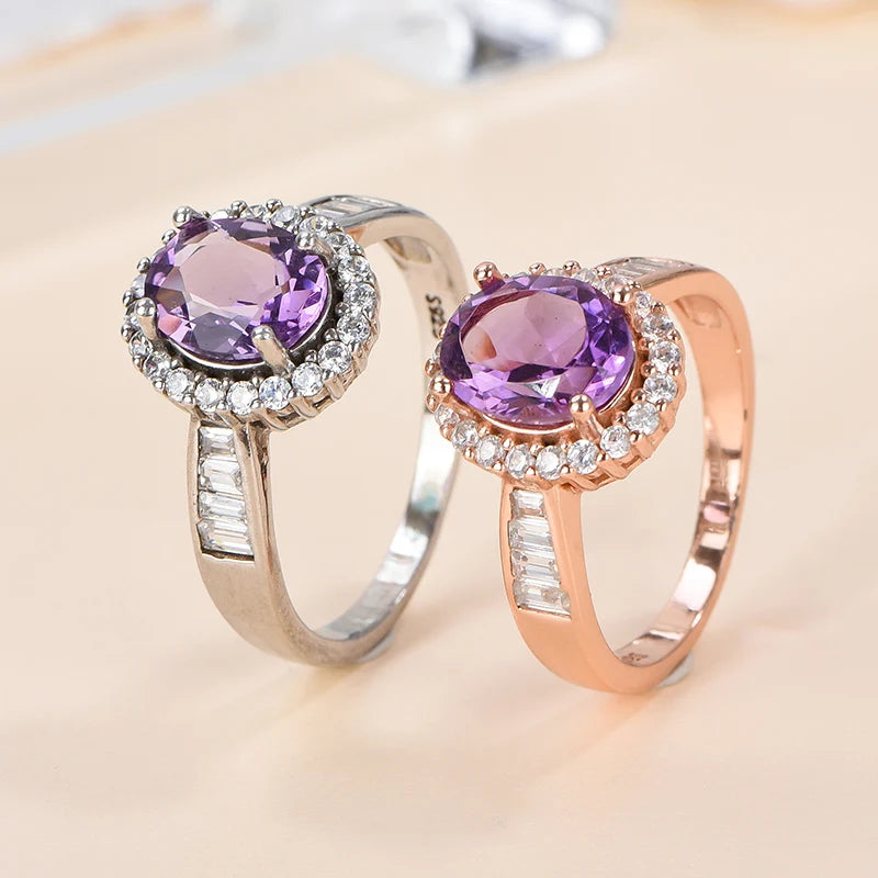 Gioiellieri Natural Amethyst Rhodium Plated 925 Sterling Silver Luxury Oval Cut Prong Setting Third Party Certified Engagement Ring for