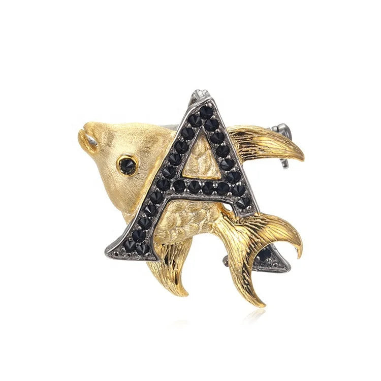 PERFECT Unique Design 925 Sterling Silver Fish Shape Gold Plated Black Spinel Classic Unisex Letter Pendant