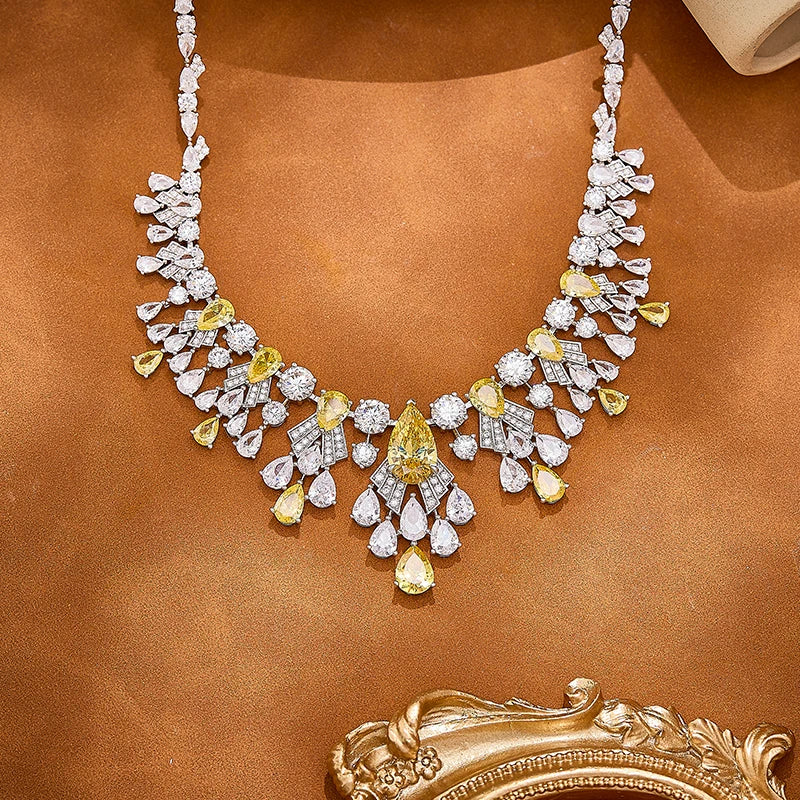 High Quality Pear Shaped Cut Yellow pink Zircon Necklace Earrings 2-piece Set Brass Saudi Wedding Banquet Jewelry