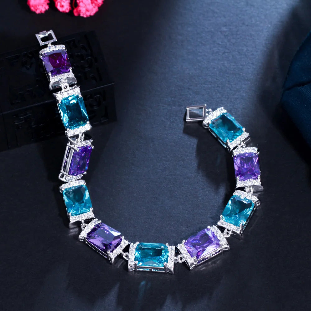 S&S Rectangle CZ Luxury Tennis Bracelet – Purple & Blue – White Gold Plated – Collection