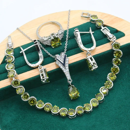 Customizable 925 Silver Jewelry Set for Women Green Peridot Zircon Wedding Bracelet Hoop Earrings Necklace Pendant Christmas