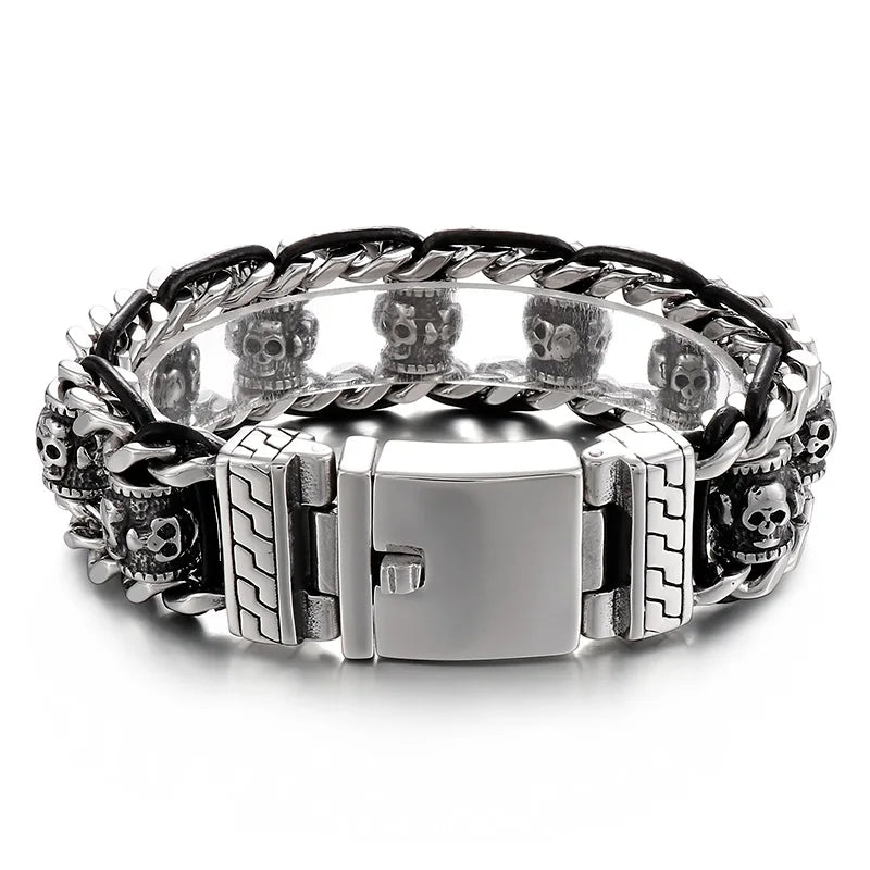 VIKING Mens Punk Skull Charm Stainless Steel & Cowhide Link Bracelet – Silver